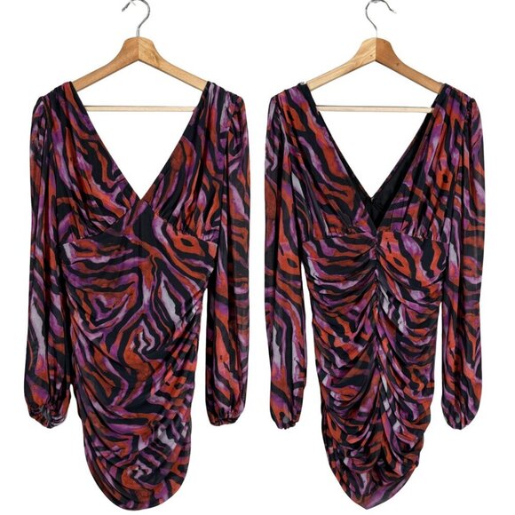 ASOS Zebra Print Plunge Long Sleeve Mini Dress Women's 10 Going Out Party Ruched - Picture 1 of 13